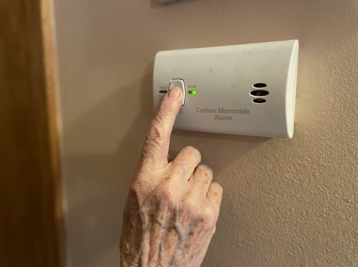 A hand pressing the test button on a wall CO alarm