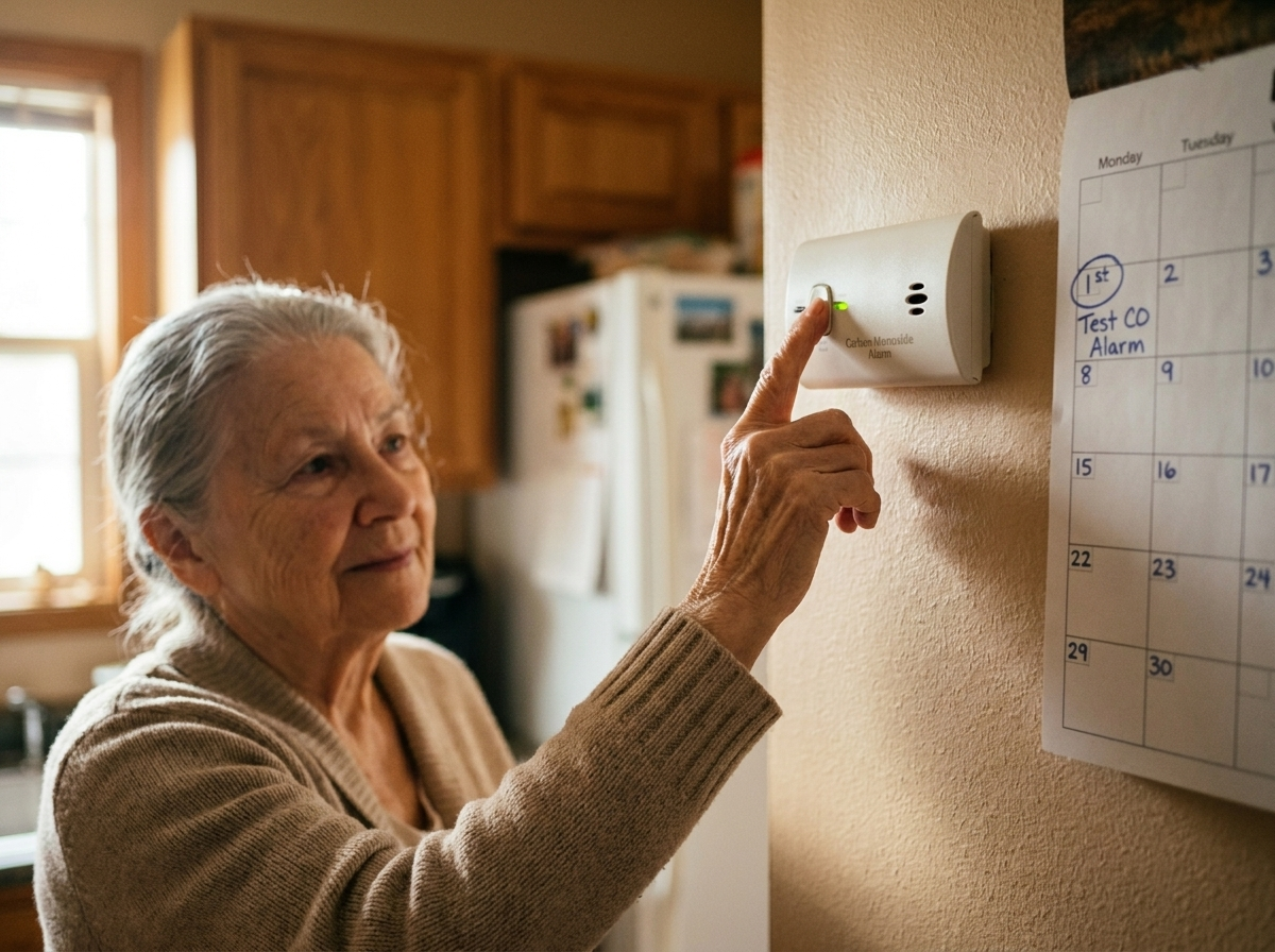 Older parent’s warm kitchen with a green-lit CO alarm