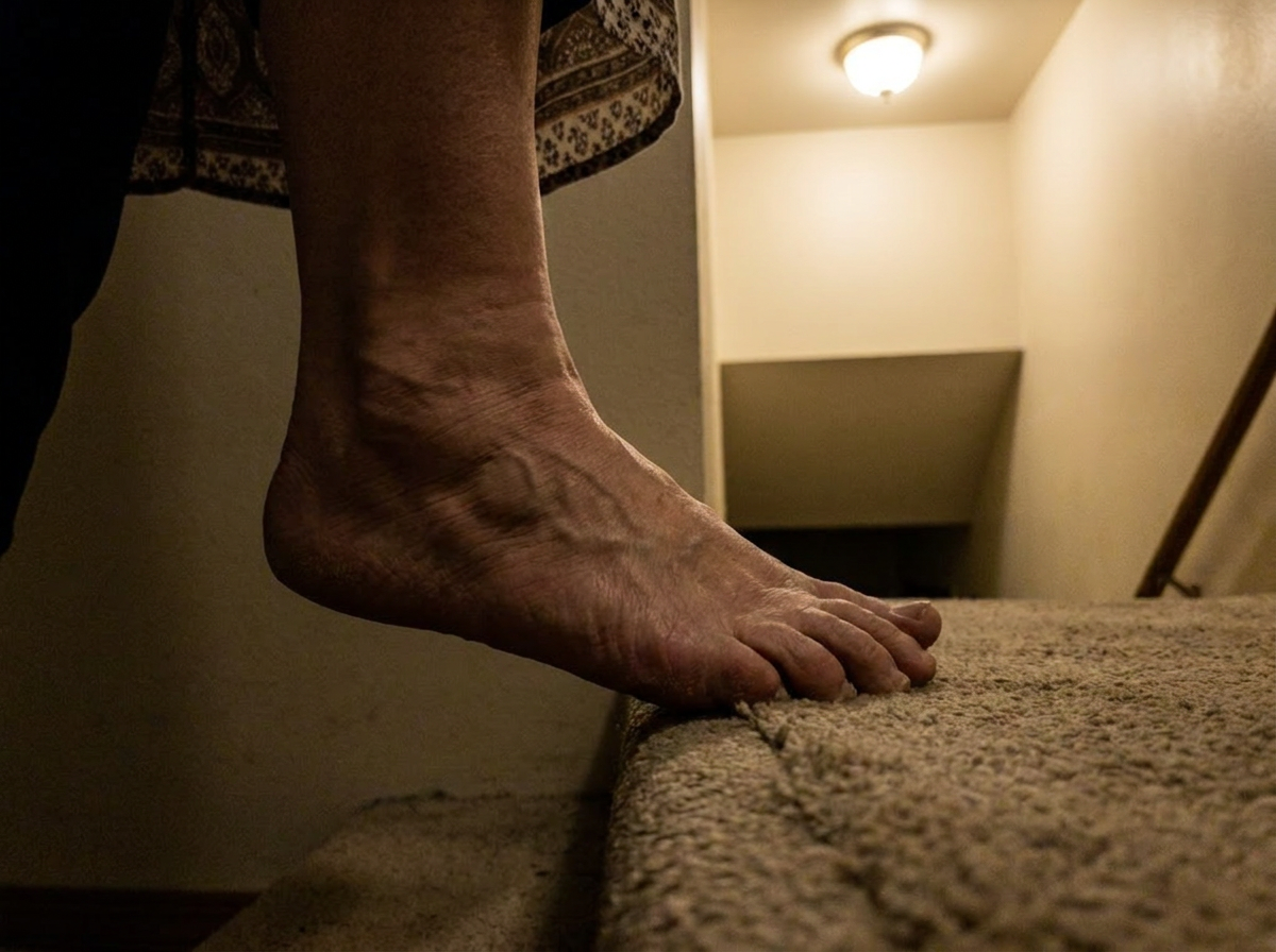Slot 4 MECHANISM · foot mid-step on a stair edge, the late-signal moment