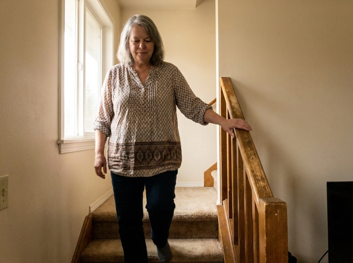 Slot 5 TRANSFORMATION · walking down three steps unassisted, friend behind